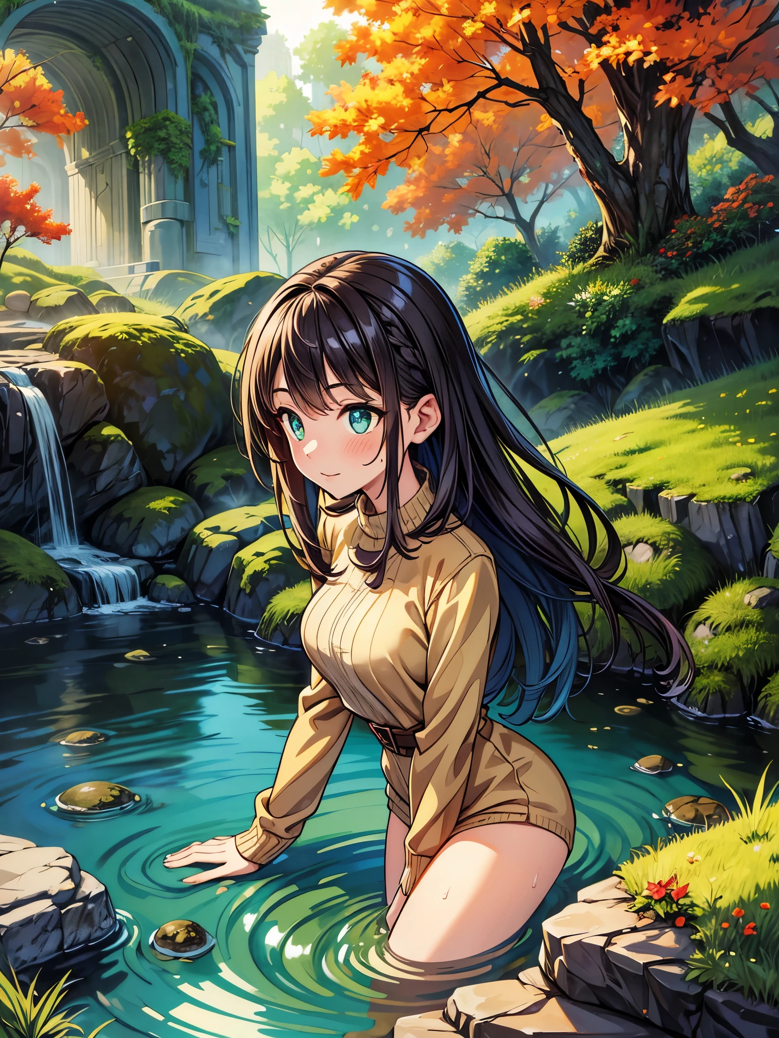 masterpiece, best quality, autumn outfit, colorful hair, outdoor,upper body, colorful autumnal clothes, ((fully clothed)), warm clothes, wet clothes, soaked, drenched, excited, wet hair, wet and slimy, water up to her chest, submerged, fantasy environment, fantasy black forest environment ,fantastical, vivid colors, varied poses, detailed green eyes, beautiful German girl