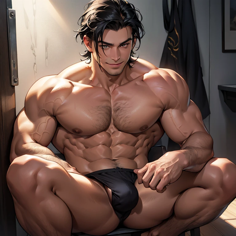 (highres, realistic:1.2),adult man,muscular body,black hair,lingerie thong,big bulge,legs spread open,looking submissive,                                                                     

(portraits, vivid colors, sharp focus),bright lighting,                                                           

smiling expression,                                                                                            

clean-shaven face,                                                                                        

deep-set eyes,                                                                                        

narrow nose,                                                                                        

full lips,                                                                                       

defined jawline,                                                                                       

slender neck,                                                                                       

prominent collarbone,                                                                                       

broad shoulders,                                                                                       

toned arms and chest,                                                                                       

lean abdomen,                                                                                       

strong thighs,