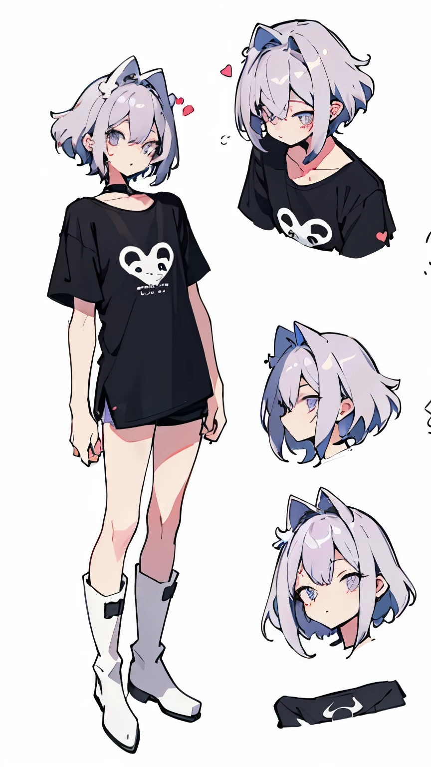 Best quality, super detailed illustration ,Whole body, boy, black T-shirt with a heart pattern, bored expression, fluffy thick lilac hair, bright eyes, (One), simple, Rubber boots, short shorts,