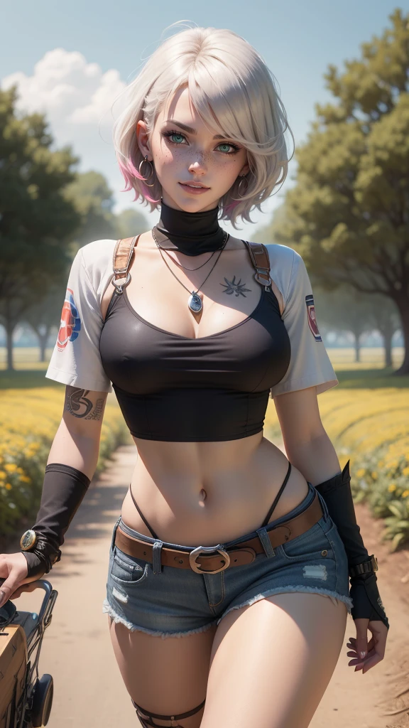 gwen tennyson,tracer,y'shtola rhul,yorha 2b,overwatch,nier automata,mecha pilot,ranch,tattoos,orange and pink plugsuit,white short sleeve plaid top,denim micro shorts,uncovered belly,short hair,punk makeup,green eyes,multicolored silver hair,y smile,freckles,beautiful girl,large bre,ultra detailed,realistic,fantasy art,ear piercings,rancher uniform,saiyan girl,small cowboy vest,cowboy belt,hay field,walking,chain necklace,straw hat,