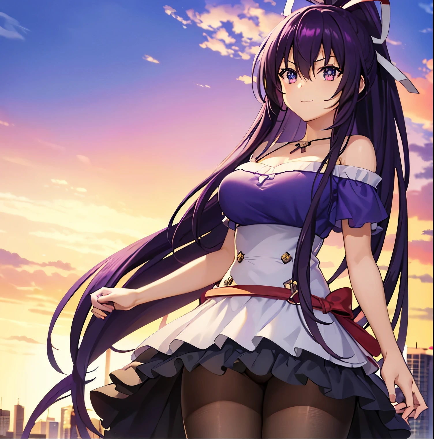 1girl, alone, tohka yatogami casual, long hair, purple hair, alluringly smile, classy red off shoulder blouses, red colour, plain red, knit fabric ,wide v neck, cold shoulder, off shoulders, short sleeve , necklace, ribbon , leggings, white leggings, tight pants (purple eyes:1.1), hair ribbon, ponytail, purple hair, white ribbon,g cup breasts, plump butt, at home, in living room, seducing pose , outdoors, city, people, crowd, sky, clouds, sun, blue sky, looking at viewer, (cowboy shot:1.5), (masterpiece:1.2), best quality, high resolution, unity 8k wallpaper, (illustration:0.8), (beautiful detailed eyes:1.6), extremely detailed face, perfect lighting, extremely detailed CG, (perfect hands, perfect anatomy),