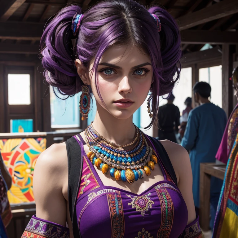Alexandra Daddario, very fit, shredded abs, (absurdres, highres, ultra detailed), (1girl:1.3), twintails, purple hair, BREAK , glitch art, digital distortion, pixelated fragments, data corruption, colorful noise, visual chaos, contemporary aesthetics BREAK , enamel art, glass-like surface, vibrant colors, glossy finish, reflective textures, rich pigments, fluid forms BREAK , ethnic style, traditional clothing, vibrant patterns, handmade textiles, cultural motifs, beaded jewelry, artisanal accessories