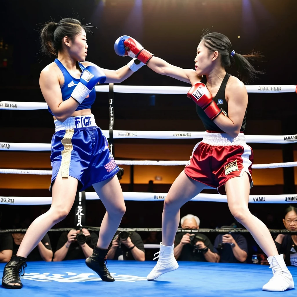 Boxing match between asian female fighter  versus american female fighter.