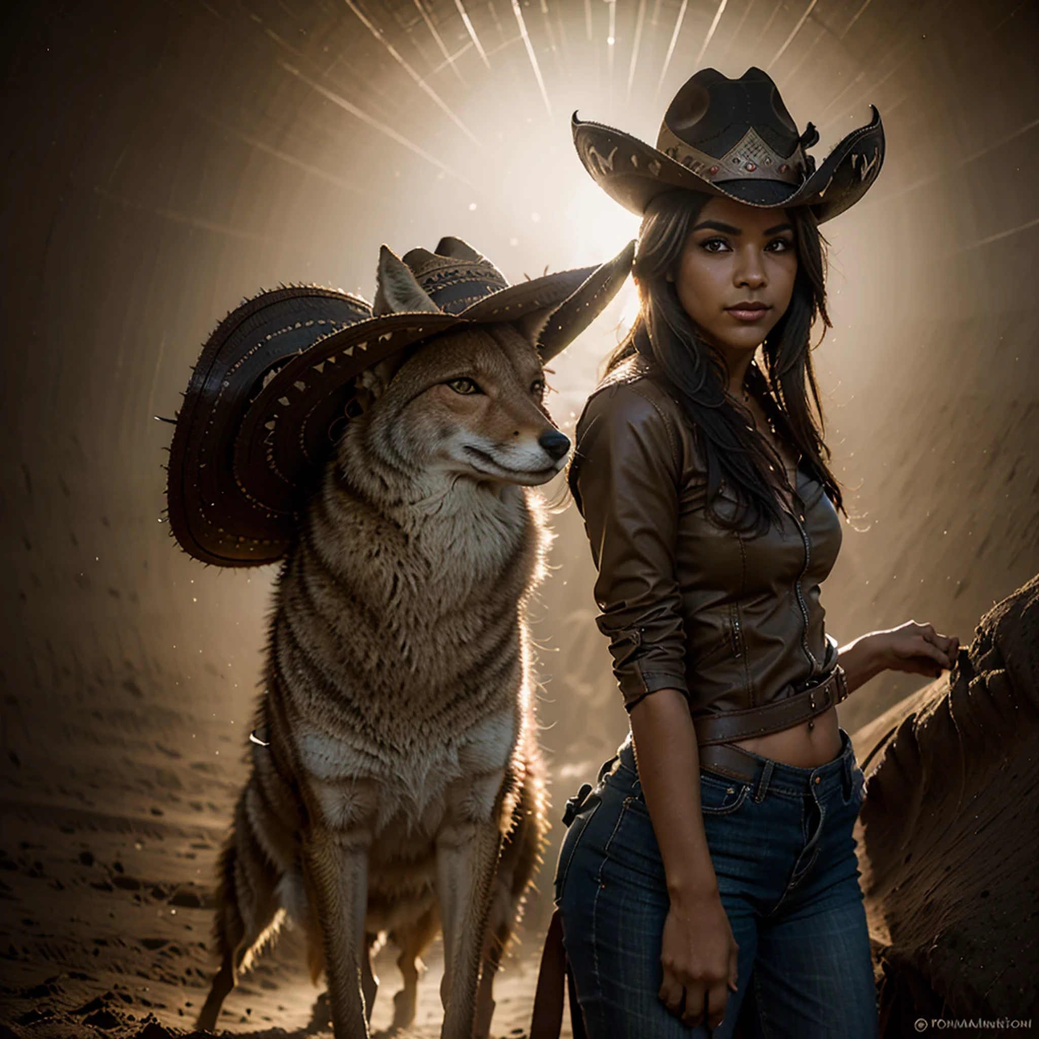 (coyote con sombrero de vaquero), [de espaldas], cabeza de coyote,antro, obra maestra, cinematic light, atmospheric lighting, subsurface dispersion,