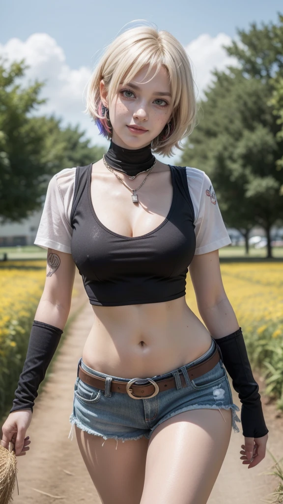 gwen tennyson,tracer,y'shtola rhul,yorha 2b,overwatch,nier automata,mecha pilot,ranch,tattoos,orange and pink plugsuit,white short sleeve plaid top,denim micro shorts,uncovered belly,short hair,punk makeup,green eyes,multicolored silver hair,sexy smile,freckles,beautiful girl,large breasts,8k,ultra detailed,realistic,fantasy art,ear piercings,rancher uniform,saiyan girl,small cowboy vest,cowboy belt,hay field,walking,chain necklace,straw hat,