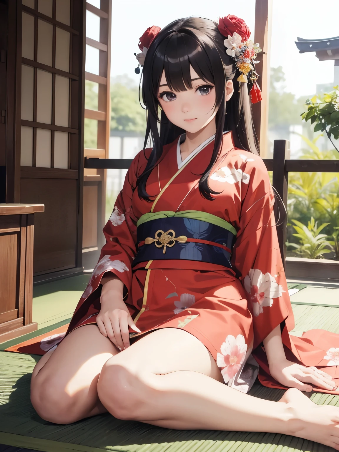 (8k、highest quality、masterpiece:1.2)、(Intricate details:1.4), Anime girl sitting on the ground with flowers in her hair, sakimi chan, in kimono, In kimono, yukata, Anime Moe Art Style, classy yukata, Smooth anime CG art, Japanese Kimono, wear Kimono, Official artwork, 皇室のwear Kimono, wearing a simple robe, sakimichan, wear Kimono, red kimono