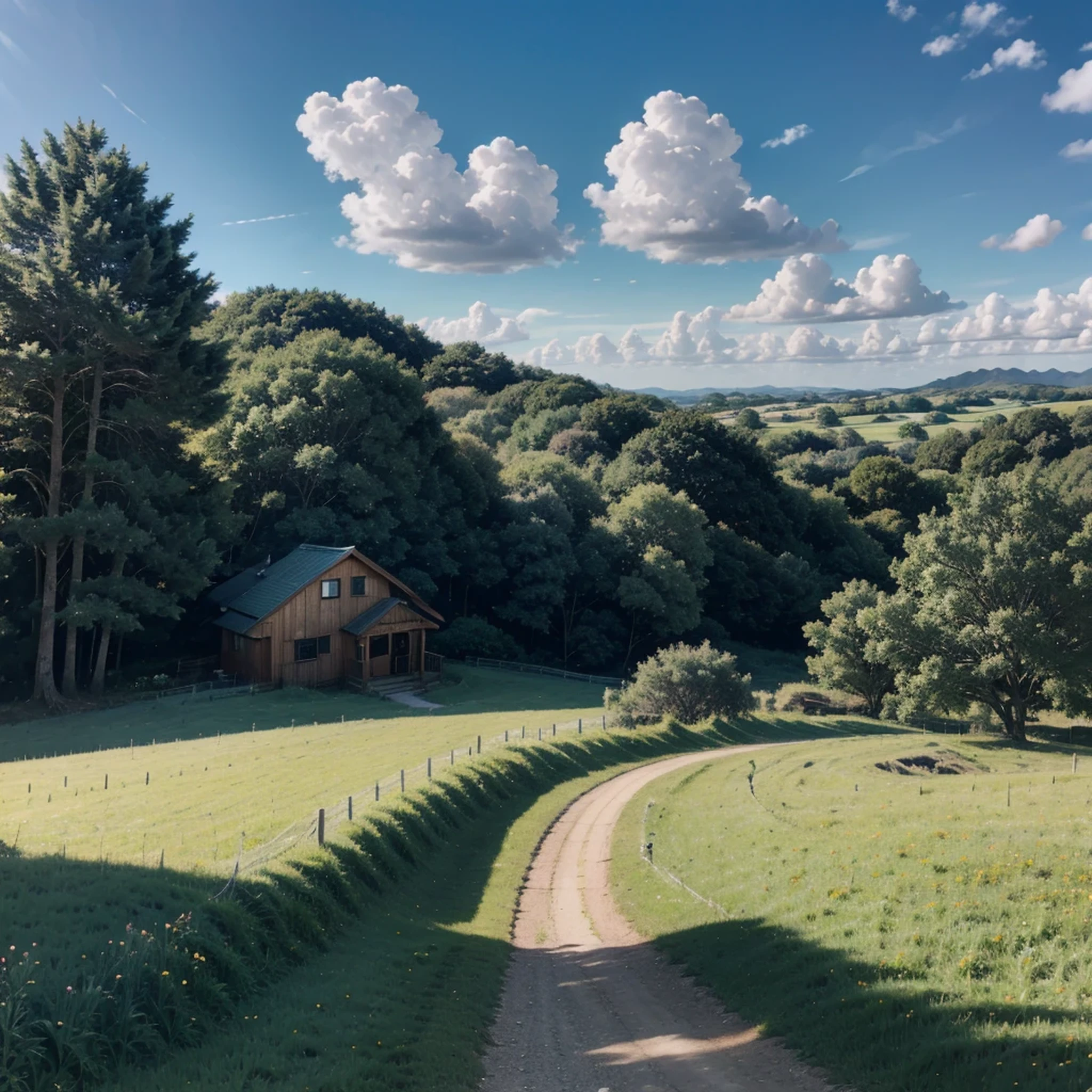 realista, Real, Beautiful and Stunning Landscape Oil Painting Studio Ghibli Hayao Miyazaki Petals Grasslands Blue Sky Grasslands Country Road,edificio, 