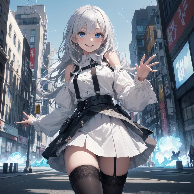 (Masterpiece, Best quality, ultra high resolution), 1 girl, Silver hair, Pale skin, Beautiful detailed face, Detailed eyes, posing on a, On a white background, Dynamic lighting, dynamic shadowing, looking at viewer, White stone punk fashion,(Posing for a photo),((White clothes)), (((black thigh highs))), jean shorts, skirt, white sweater, ((Blue eyes)), happy, smiling, black straps, black strap design, ((Long white hair)), energetic, cheerful, cityscape background, (((long black sleeves))), ((long black sleeves)), black sleeves
