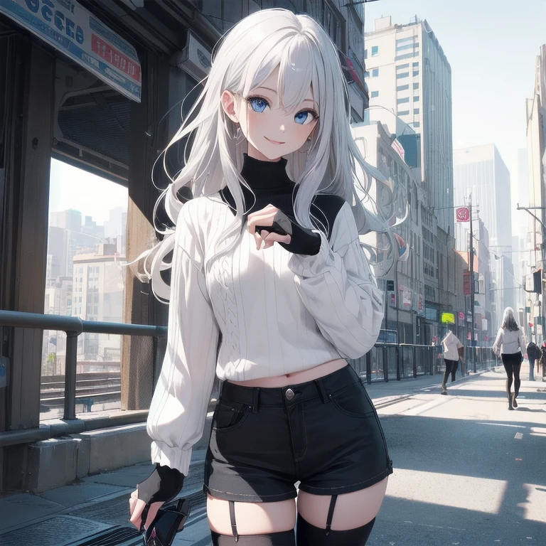 (Masterpiece, Best quality, ultra high resolution), 1 girl, Silver hair, Pale skin, Beautiful detailed face, Detailed eyes, posing on a, On a white background, Dynamic lighting, dynamic shadowing, looking at viewer, White stone punk fashion,(Posing for a photo),((White clothes)), (((black thigh highs))), jean shorts, skirt, white sweater, ((Blue eyes)), happy, smiling, black straps, black strap design, ((Long white hair)), energetic, cheerful, cityscape background, (((long black sleeves))), ((long black sleeves)), black sleeves