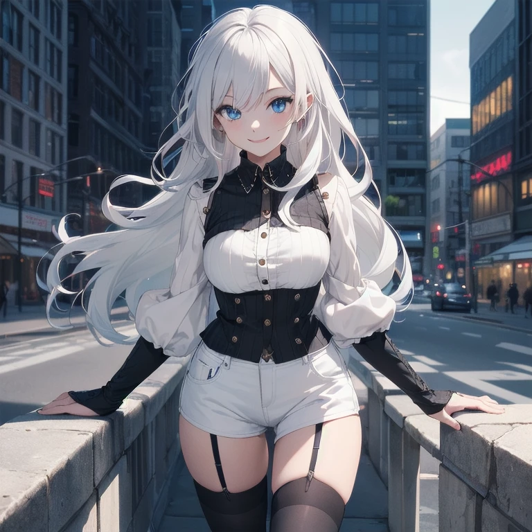 (Masterpiece, Best quality, ultra high resolution), 1 girl, Silver hair, Pale skin, Beautiful detailed face, Detailed eyes, posing on a, On a white background, Dynamic lighting, dynamic shadowing, looking at viewer, White stone punk fashion,(Posing for a photo),((White clothes)), (((black thigh highs))), jean shorts, skirt, white sweater, ((Blue eyes)), happy, smiling, black straps, black strap design, ((Long white hair)), energetic, cheerful, cityscape background, (((long black sleeves))), ((long black sleeves)), black sleeves