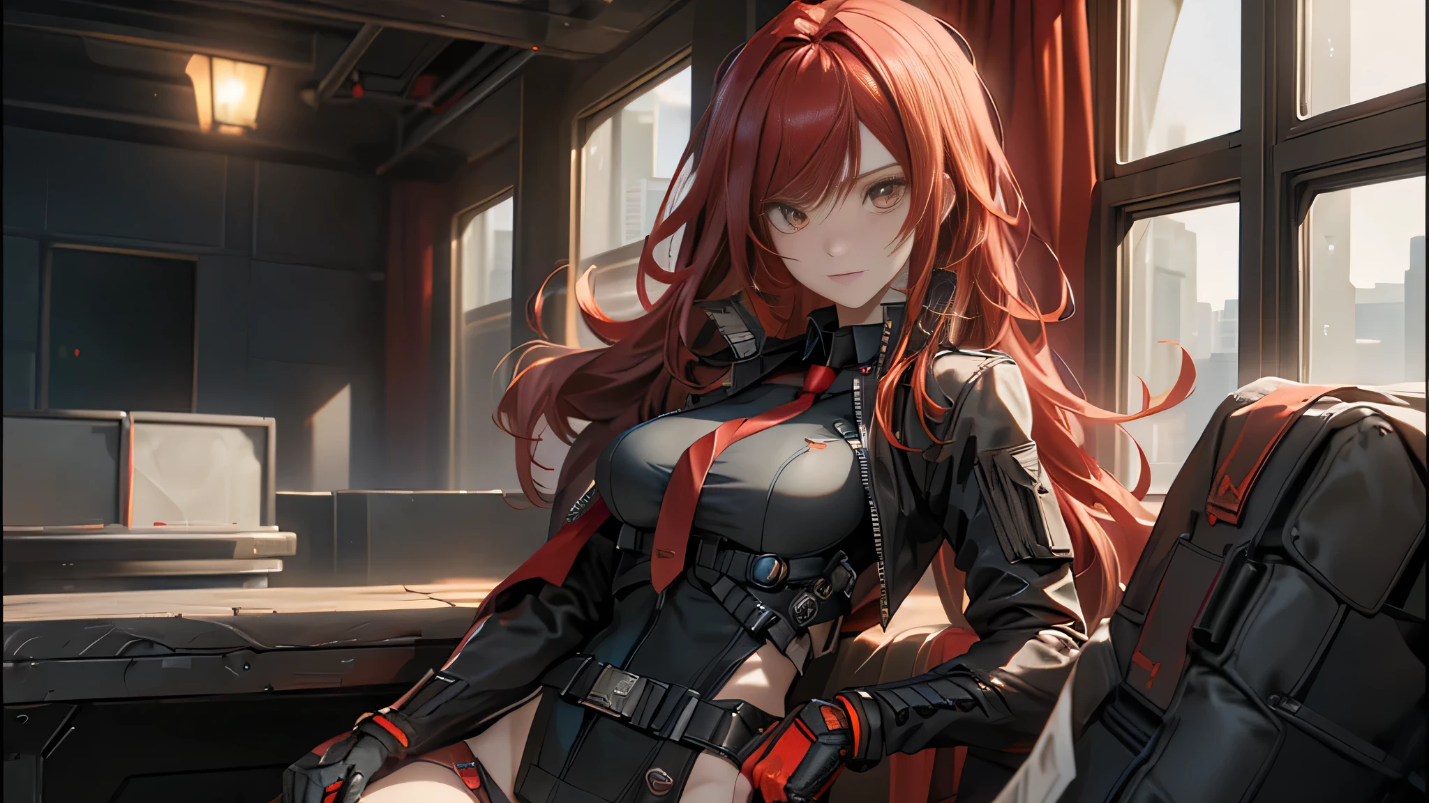 ((Best quality)), ((masterpiece)), (detailed:1.4), 3D, an image of a beautiful cyberpunk female, long burning red hair, burning hair, light brown eyes, red Barret, Black Soldier Shirt, Black under cloth, black panty, Grenade belt, Big chest, Big thigh, High thigh black knee sock, full view of girl, battlefield background, black combat boot, red necktie, black glove, black combat suit, black jacket, black cloak, black panty, ammo belt, HDR (High Dynamic Range),Ray Tracing,NVIDIA RTX,Super-Resolution,Unreal 5,Subsurface scattering,PBR Texturing,Post-processing,Anisotropic Filtering,Depth-of-field,Maximum clarity and sharpness,Multi-layered textures,Albedo and Specular maps,Surface shading,Accurate simulation of light-material interaction,Perfect proportions,Octane Render,Two-tone lighting,Wide aperture,Low ISO,White balance,Rule of thirds,8K RAW,