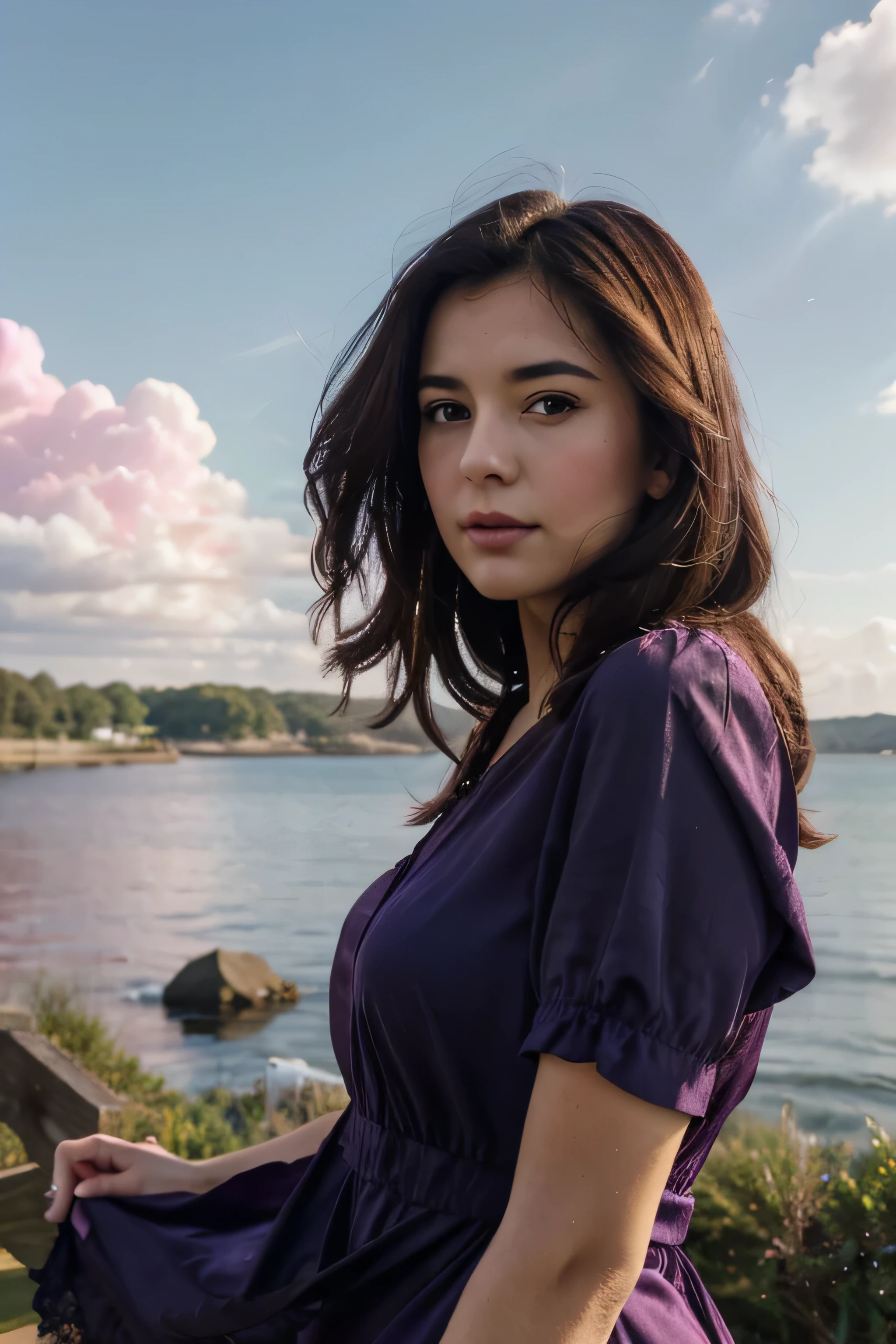 A dark-haired woman in a deep purple dress, gently swayed by the wind, Parts of her body covered by pink clouds, facing the camera