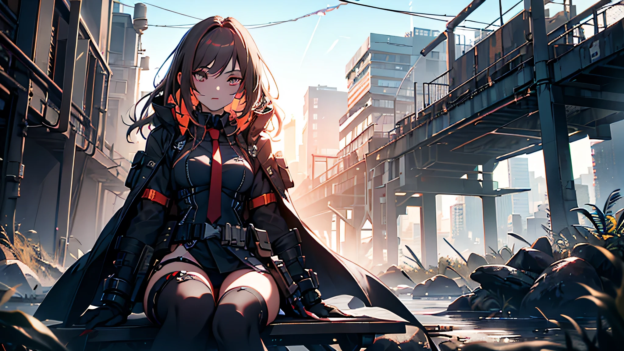 ((Best quality)), ((masterpiece)), (detailed:1.4), 3D, an image of a beautiful cyberpunk female, long burning red hair, burning hair, light brown eyes, Sharp eyes, Detailed Eyes, red Barret, Black Soldier Shirt, Black under cloth, black panty, Grenade belt, Big chest, Big thigh, High thigh black knee sock, full view of girl, black combat boot, red necktie, black glove, black combat suit, black jacket, black cloak, black panty, ammo belt, sitting on swinging chair, wide grassland as background, bright sky, evening time, outside, weapon, Barretta, Battle Rifle , 8k, high res,rapi nikke, HDR (High Dynamic Range),Ray Tracing,NVIDIA RTX,Super-Resolution,Unreal 5,Subsurface scattering,PBR Texturing,Post-processing,Anisotropic Filtering,Depth-of-field,Maximum clarity and sharpness,Multi-layered textures,Albedo and Specular maps,Surface shading,Accurate simulation of light-material interaction,Perfect proportions,Octane Render,Two-tone lighting,Wide aperture,Low ISO,White balance,Rule of thirds,8K RAW,