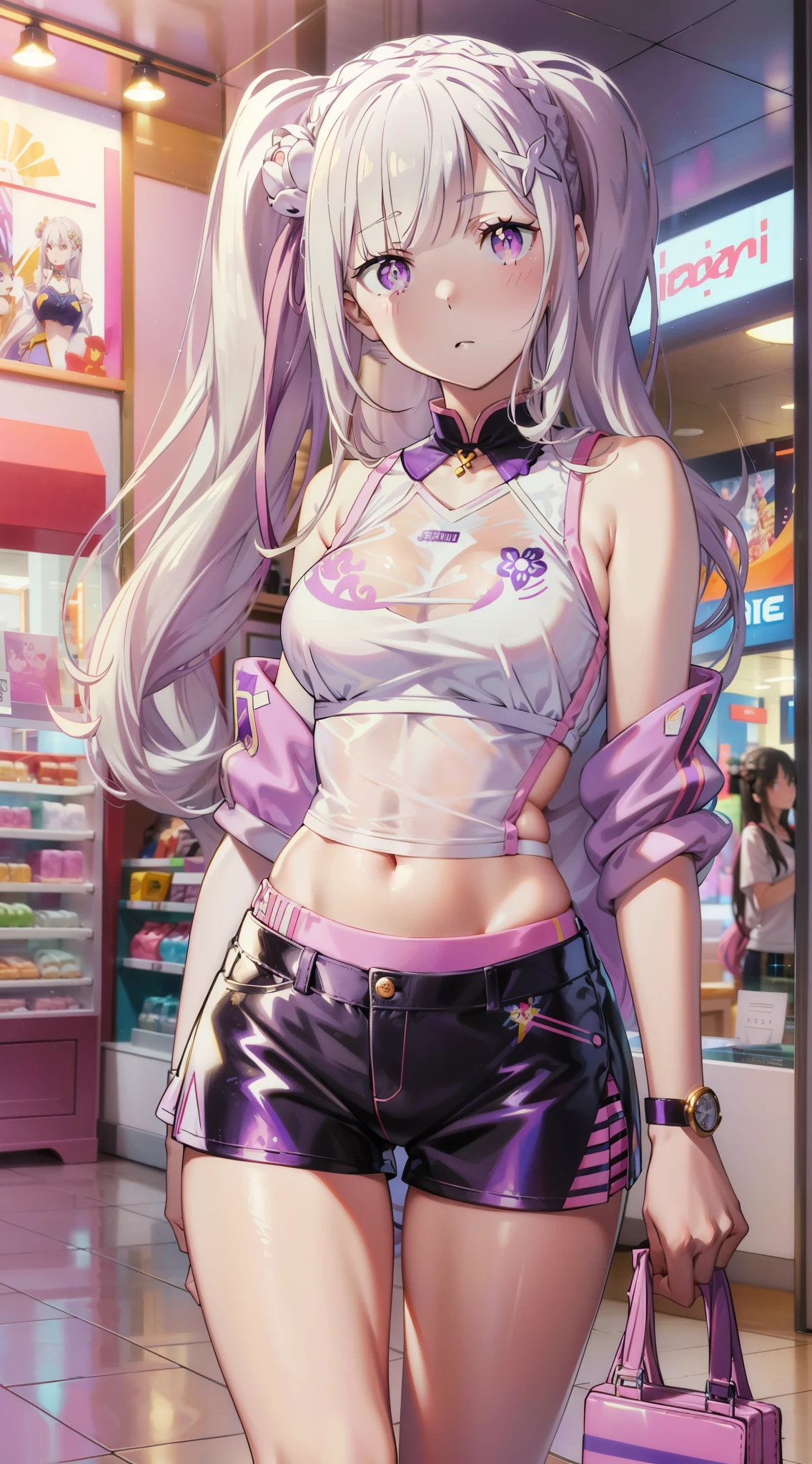 Emilia re:zero, purple eyes, Emilia, crown braid, x hair ornament, flower hair ornament, white hair, long hair, medium breasts,
((Masterpiece)), best quality, absurderes, ultra detailed, holographic, cowboy shot, golden ratio, super cute girl, mature girl, idol girl, super beautiful asian girl with very beautiful violet glowing eyes, high ponytail, twin tails, nice and sexy body, slim body, perfect body, wearing a super tight anime printed leotard, an anime printed super tight off shoulder long sleeve crop top, a super aesthetic transparent mini jacket, beautiful hair ornament, pink jordan tennis, being photographed in a mall shop, wearing a white anime shirt, black shorts, and pink crocs