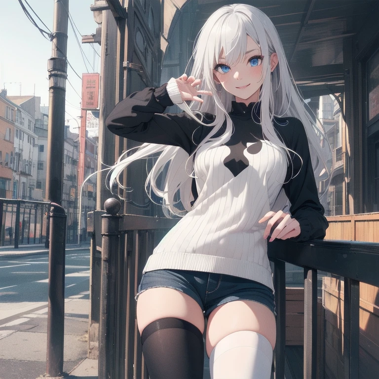 (Masterpiece, Best quality, ultra high resolution), 1 girl, Silver hair, Pale skin, Beautiful detailed face, Detailed eyes, posing on a, On a white background, Dynamic lighting, dynamic shadowing, looking at viewer, White stone punk fashion,(Posing for a photo),((White clothes)), (((black thigh highs))), jean shorts, skirt, white sweater, ((Blue eyes)), happy, smiling, black straps, black strap design, ((Long white hair)), energetic, cheerful, cityscape background, (((long black sleeves))), ((long black sleeves)), black sleeves