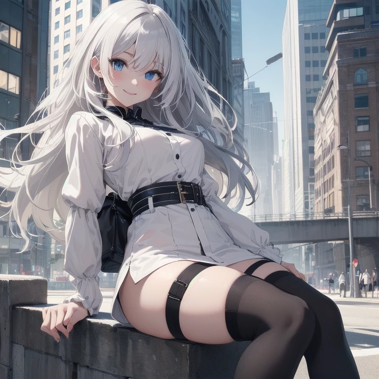 (Masterpiece, Best quality, ultra high resolution), 1 girl, Silver hair, Pale skin, Beautiful detailed face, Detailed eyes, posing on a, On a white background, Dynamic lighting, dynamic shadowing, looking at viewer, White stone punk fashion,(Posing for a photo),((White clothes)), (((black thigh highs))), jean shorts, skirt, white sweater, ((Blue eyes)), happy, smiling, black straps, black strap design, ((Long white hair)), energetic, cheerful, cityscape background, (((long black sleeves))), ((long black sleeves)), black sleeves