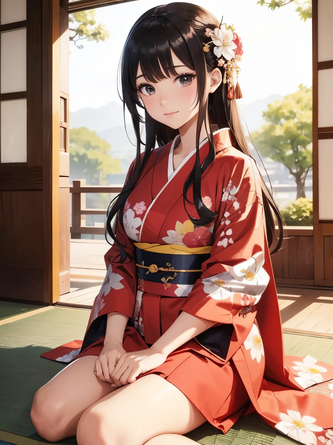 (8k、highest quality、masterpiece:1.2)、(Intricate details:1.4), Anime girl sitting on the ground with flowers in her hair, sakimi chan, in kimono, In kimono, yukata, Anime Moe Art Style, classy yukata, Smooth anime CG art, Japanese Kimono, wear Kimono, Official artwork, 皇室のwear Kimono, wearing a simple robe, sakimichan, wear Kimono, red kimono