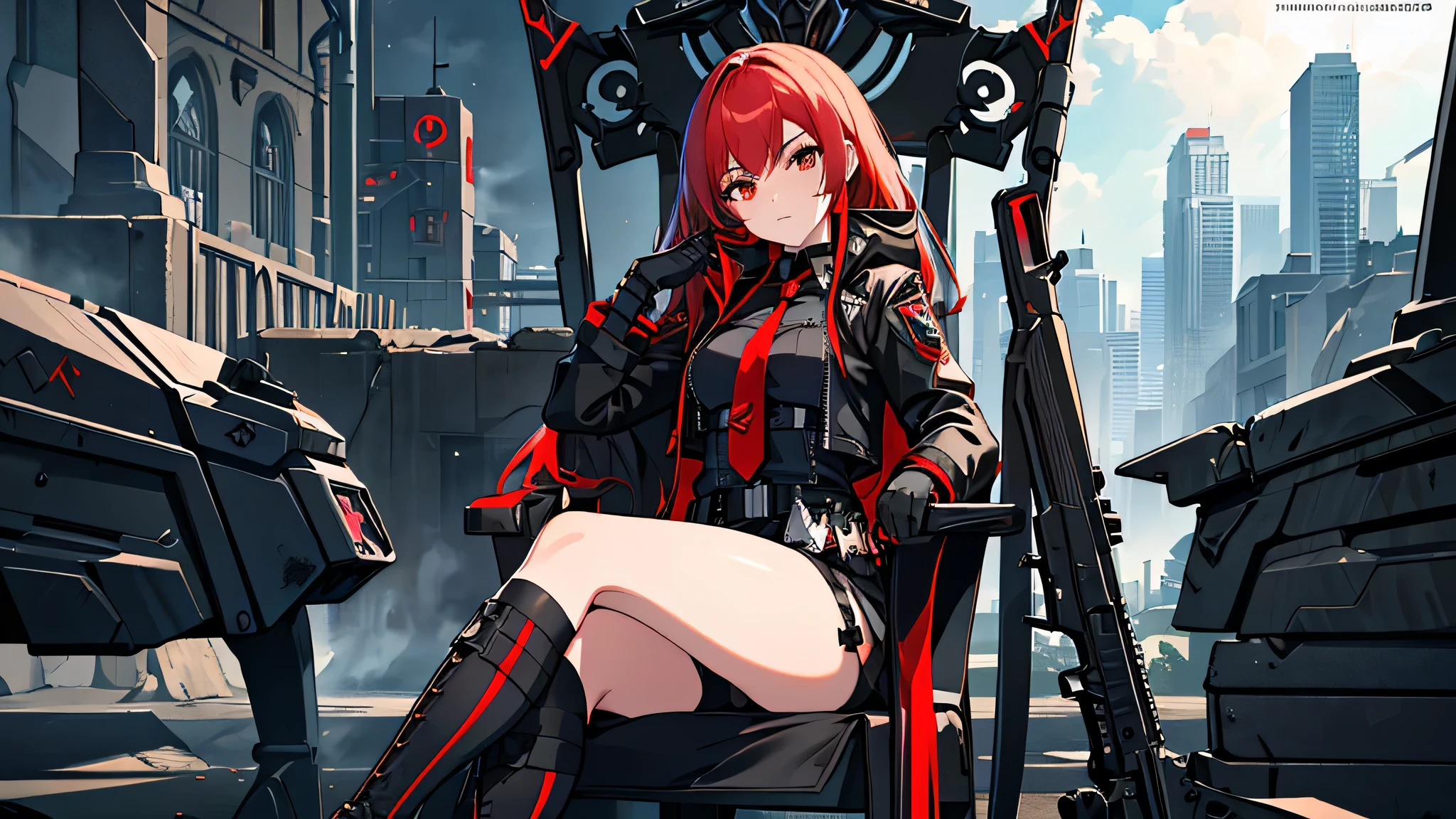 ((Best quality)), ((masterpiece)), (detailed:1.4), 3D, an image of a beautiful cyberpunk female, long burning red hair, burning hair, light brown eyes, Sharp eyes, Detailed Eyes, red Barret, Black Soldier Shirt, Black under cloth, black panty, Grenade belt, Big chest, Big thigh, High thigh black knee sock, full view of girl, black combat boot, red necktie, black glove, black combat suit, black jacket, black cloak, black panty, ammo belt, sitting on swinging chair, wide grassland as background, bright sky, evening time, outside, weapon, Barretta, Battle Rifle , 8k, high res,rapi nikke, HDR (High Dynamic Range),Ray Tracing,NVIDIA RTX,Super-Resolution,Unreal 5,Subsurface scattering,PBR Texturing,Post-processing,Anisotropic Filtering,Depth-of-field,Maximum clarity and sharpness,Multi-layered textures,Albedo and Specular maps,Surface shading,Accurate simulation of light-material interaction,Perfect proportions,Octane Render,Two-tone lighting,Wide aperture,Low ISO,White balance,Rule of thirds,8K RAW,