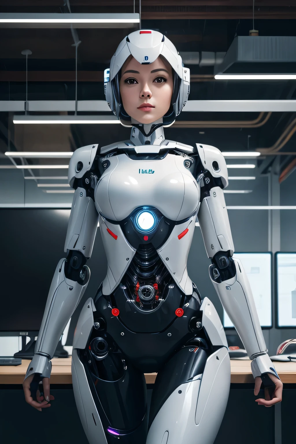 Female robot working in an office Mechanical body I'm working on a computer The background is the office, UHD, retina, masterpiece, ccurate, anatomically correct, textured skin, super detail, high details, high quality, award winning, best quality, highres