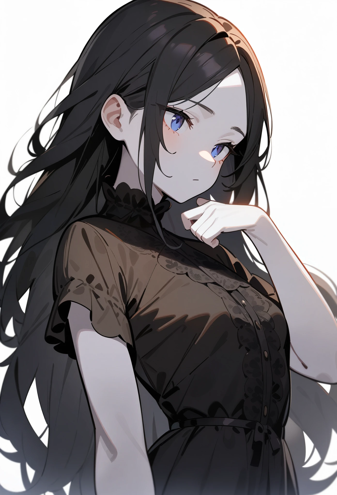 masterpiece, (by saitou_naoki:1.3), 1girl, masterpiece, best quality, very aesthetic, absurdres, ultra-detailed, rating_general, upper body, score_9, score_8_up, score_7_up, front, black hair, long hair, (parted bangs), dark blue eyes, innexpressive, pale skin, small breasts, upper body, victorian fashion, black dress, frilled dress, short sleeves, a single hand stroking her own chin, delicate hand, white background background, best quality