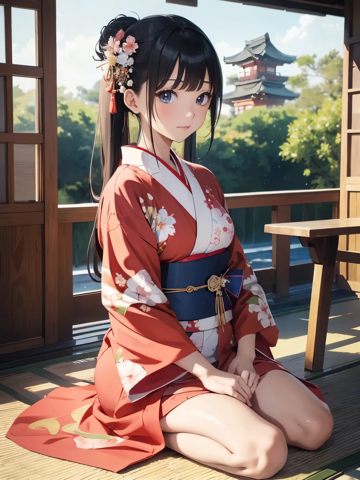  (8k、highest quality、masterpiece:1.2)、(Intricate details:1.4), Anime girl sitting on the ground with flowers in her hair, sakimi chan, in kimono, In kimono, yukata, Anime Moe Art Style, classy yukata, Smooth anime CG art, Japanese Kimono, wear Kimono, Official artwork, 皇室のwear Kimono, wearing a simple robe, sakimichan, wear Kimono, red kimono