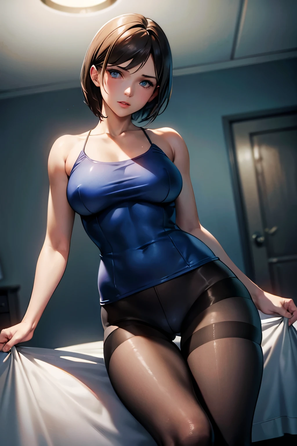 Jill Valentine、resident evil、Brown Hair、Short Hair、((pantyhose))、Photo from below、Medium chest、Bedroom、Swimsuit、