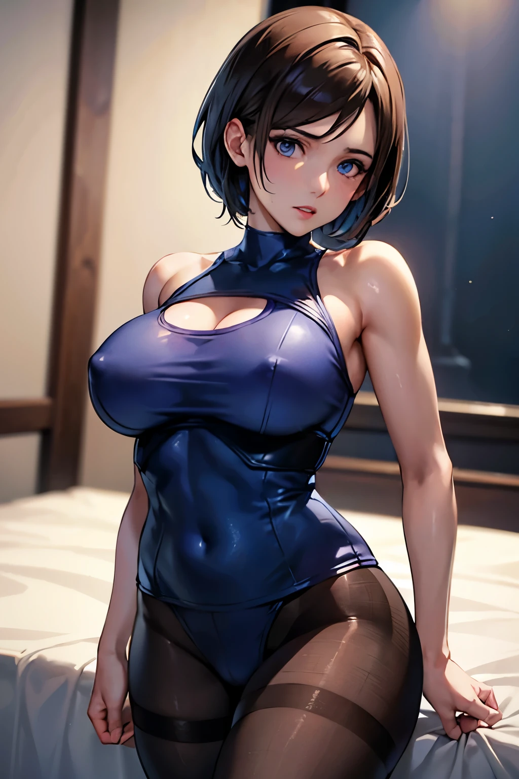 Jill Valentine、resident evil、Brown Hair、Short Hair、((pantyhose))、Photo from below、Medium chest、Bedroom、Swimsuit、