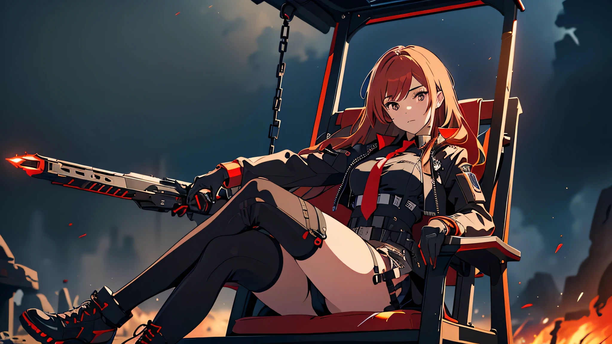 ((Best quality)), ((masterpiece)), (detailed:1.4), 3D, an image of a beautiful cyberpunk female, long burning red hair, burning hair, light brown eyes, Sharp eyes, Detailed Eyes, red Barret, Black Soldier Shirt, Black under cloth, black panty, Grenade belt, Big chest, Big thigh, High thigh black knee sock, full view of girl, black combat boot, red necktie, black glove, black combat suit, black jacket, black cloak, black panty, ammo belt, sitting on swinging chair, wide grassland as background, bright sky, evening time, outside, weapon, Barretta, Battle Rifle , 8k, high res,rapi nikke, HDR (High Dynamic Range),Ray Tracing,NVIDIA RTX,Super-Resolution,Unreal 5,Subsurface scattering,PBR Texturing,Post-processing,Anisotropic Filtering,Depth-of-field,Maximum clarity and sharpness,Multi-layered textures,Albedo and Specular maps,Surface shading,Accurate simulation of light-material interaction,Perfect proportions,Octane Render,Two-tone lighting,Wide aperture,Low ISO,White balance,Rule of thirds,8K RAW,