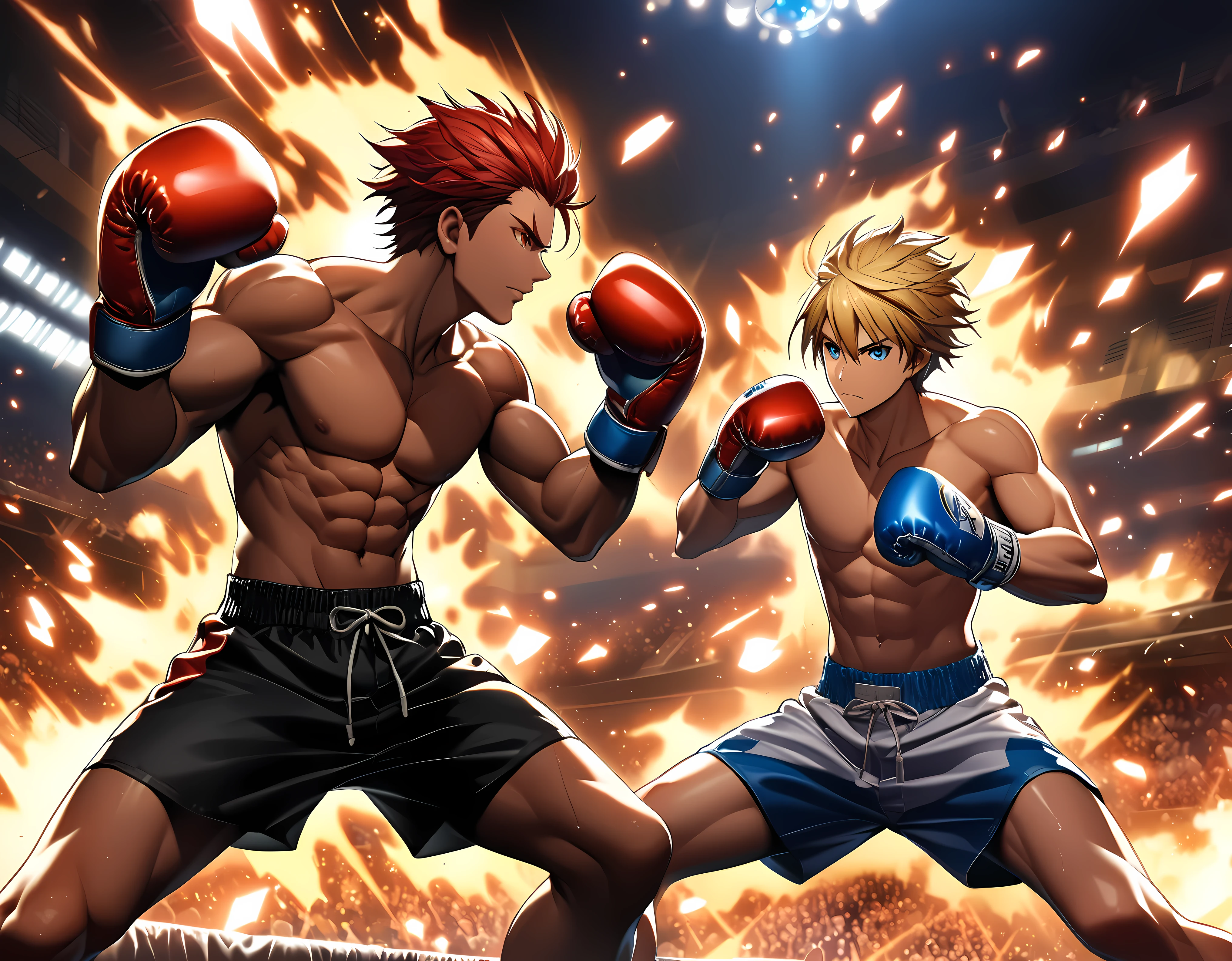 Title: "Epic Boxing Duel: Final Showdown"

Prompt:

1. Transport viewers to a climactic anime scene, where two formidable boxing athlete face off in a final boxing match night.

2. Envision the boxers wearing specialized boxing gloves.

3. Craft the scene with the distinct aesthetic of Stable Diffusion 1.5, emphasizing smooth transitions and fluid animations to enhance immersion.

4. Define the characters: one boxer a handsome blonde, the other in a fierce red hair.

5. Illustrate the boxers' movements with precision and grace, each gesture unleashing torrents of punch.

6. Illuminate the battlefield with dynamic lighting effects, casting dramatic shadows and highlights to heighten the intensity of the confrontation.

7. Introduce environmental elements such as flash lights and majestic lighting, adding depth and complexity to the match night ambiance.

8. Convey the fierce determination in the boxers' expressions as they unleash devastating punch upon each other, their eyes ablaze with unyielding resolve.

9. Showcase the versatility of the boxing gloves, as the boxers position their bodies in fighting stances.

10. Capture the ebb and flow of the battle with dynamic camera angles, drawing viewers into the heart of the boxing duel.

11. Ensure every frame is meticulously detailed, from the ornate designs of the boxing gloves to the mesmerizing patterns of the fighting ring.

12. Optimize the animation for Stable Diffusion 1.5, ensuring the highest quality and visual fidelity to deliver an unforgettable final showdown scene.