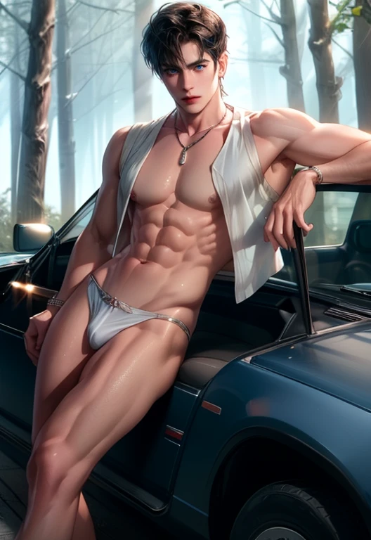 (masterpiece,best quality,ultra_detailed,highres,absurdres),1 mature male, 30-ish, (wide shoulder), ((no chest hair)), male, solo, short black Quiff hair with Soft Fringe (bangs part on side 3:7 ratio), simple background, blue eyes, full body, short hair, leaning against soorts car, parted lips, wet hair, shirtless, wearing thing, muscular and slim, with earrings and necklace, with open vest, with shoes, forest background. Sexy, mature sex. Romantic sex, full body naked, crotch, perfect body proportion