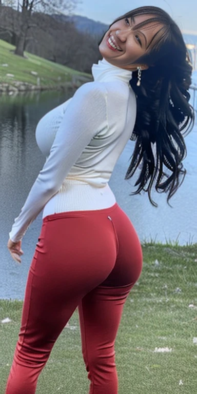 25-year-old woman, long black wavy hair、Bans、tight white turtleneck sweater, Puffy nipples、tight jeans pants, Jacket、Medium Milk, Cute Smile、(Butt sticking out pose)、(looked back)、Sexy Hips、Red High Heels、Park with a lake、Sexy pose、sexy lace panties、Large Necklace、Earrings、Full-body photo、(Wet pants、Wet lower body、Wet crotch)