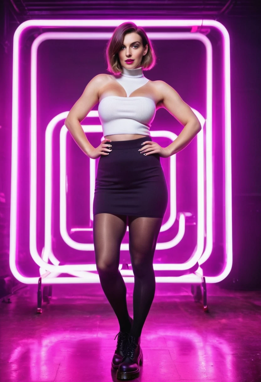 (full body photo:1.3), solo, (front view)1.2, (stylish bob haircut) (huge natural breasts)1.3, (futuristic, nightclub, neon light), (standing pose), (black tights and white wool socks)1.3, (pink tube-top) (purple tight mini skirt)1.2, (black tights and white wool socks)1.3 (Dr Martens boots)1.2, (wide hips, curvy, (thick thighs) (muscular legs))1.2, intricate detail, ((random ethnicity from Europe) amazing hot female 30yo woman)1.2 posh, (environmental portrait), perfect eyes, looking at viewer