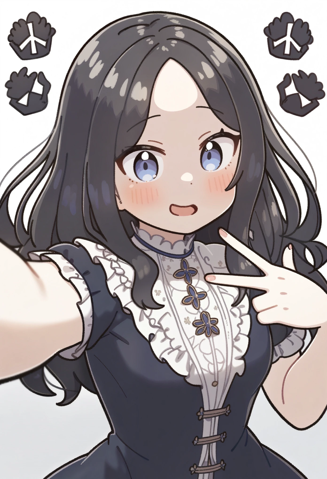 masterpiece, selfie, zoom out, peace sign, (by kurororo_rororo:1.3), 1girl, masterpiece, best quality, very aesthetic, absurdres, ultra-detailed, rating_general, upper body, score_9, score_8_up, score_7_up, front, black hair, long hair, (parted bangs), dark blue eyes, innexpressive, pale skin, small breasts, upper body, victorian fashion, black dress, frilled dress, short sleeves, peace sign, delicate hand, white background background, best quality