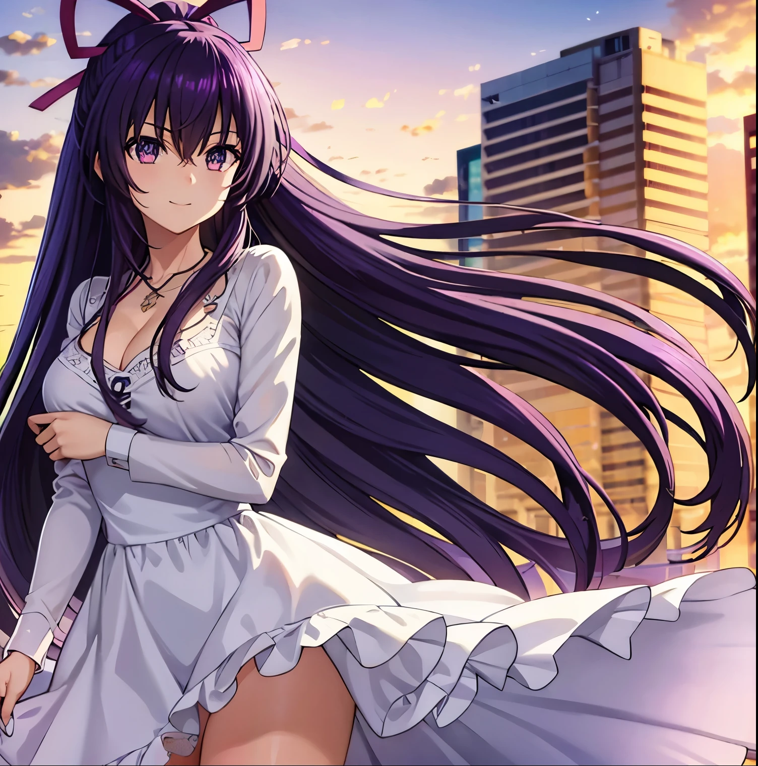 1girl, alone, tohka yatogami casual, long hair, purple hair, alluringly smile, one piece dress, white dress, square neck dress, lace dress, see through, white undergarments, long sleeve, cleavage, necklace, shirt skir, ribbon , (purple eyes:1.1), hair ribbon, ponytail, purple hair, white ribbon,g cup breasts, plump butt, hands on neck, living room, outdoors, city, people, crowd, sky, clouds, sun, blue sky, looking at viewer, (cowboy shot:1.5),
 (masterpiece:1.2), best quality, high resolution, unity 8k wallpaper, (illustration:0.8), (beautiful detailed eyes:1.6), extremely detailed face, perfect lighting, extremely detailed CG, (perfect hands, perfect anatomy),