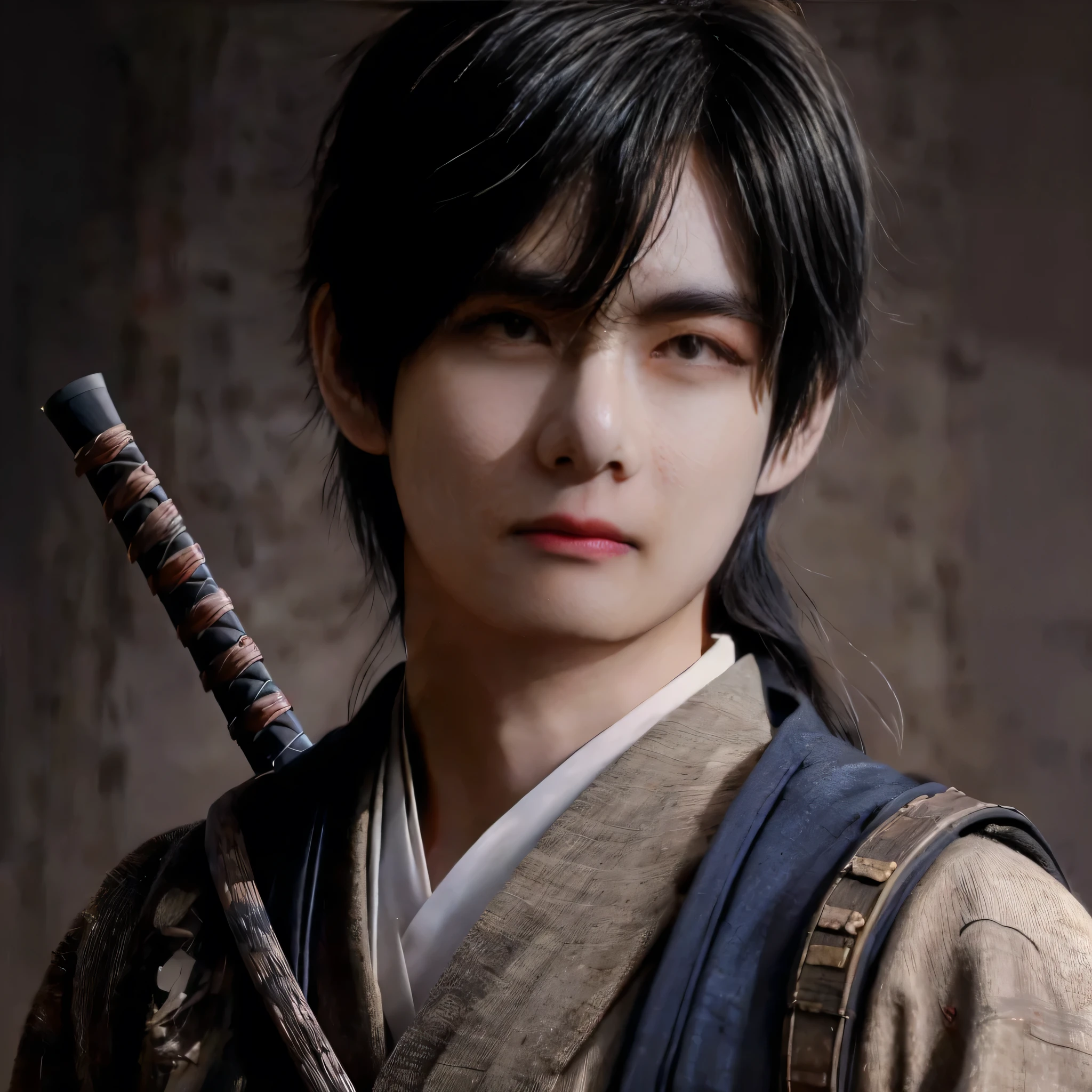 arafed asian man with a sword and a backpack posing for a photo, handsome japanese demon boy, masamune shiro, anime 3d realista, estilo de realismo anime, samurai portrait photo, yasuke 5 0 0 px modelos, samurai portrait, inspirado por Han Gan, arte cg anime suave, realistic anime art style, hermosa pintura de personajes, Inspirado por Zhang Han, taehyung, taehyung from bts face.