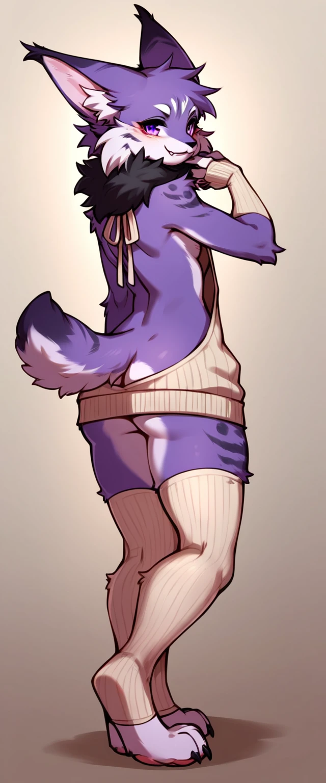 score_9,score_8_up,score_7_up,score_6_up,score_5_up,score_4_up, Lynx, purple fur, purple eyes, anthro, long hair, wavy hair, purple hair, eyeliner, eyelashes, black eyeshadow, furry art, cheeks tuft, hips tuft, shoulder tuft, male focus, femboy, finguerless gloves, cute fangs, kemono, shota, neck fluff, fluffy neck, claws, black nails, standing, fluffy butt, evil smile, digitigrade, solo focus, bulge under clothes, stockings, leg wamers, bedroom background, sweater, virgin killer sweater,