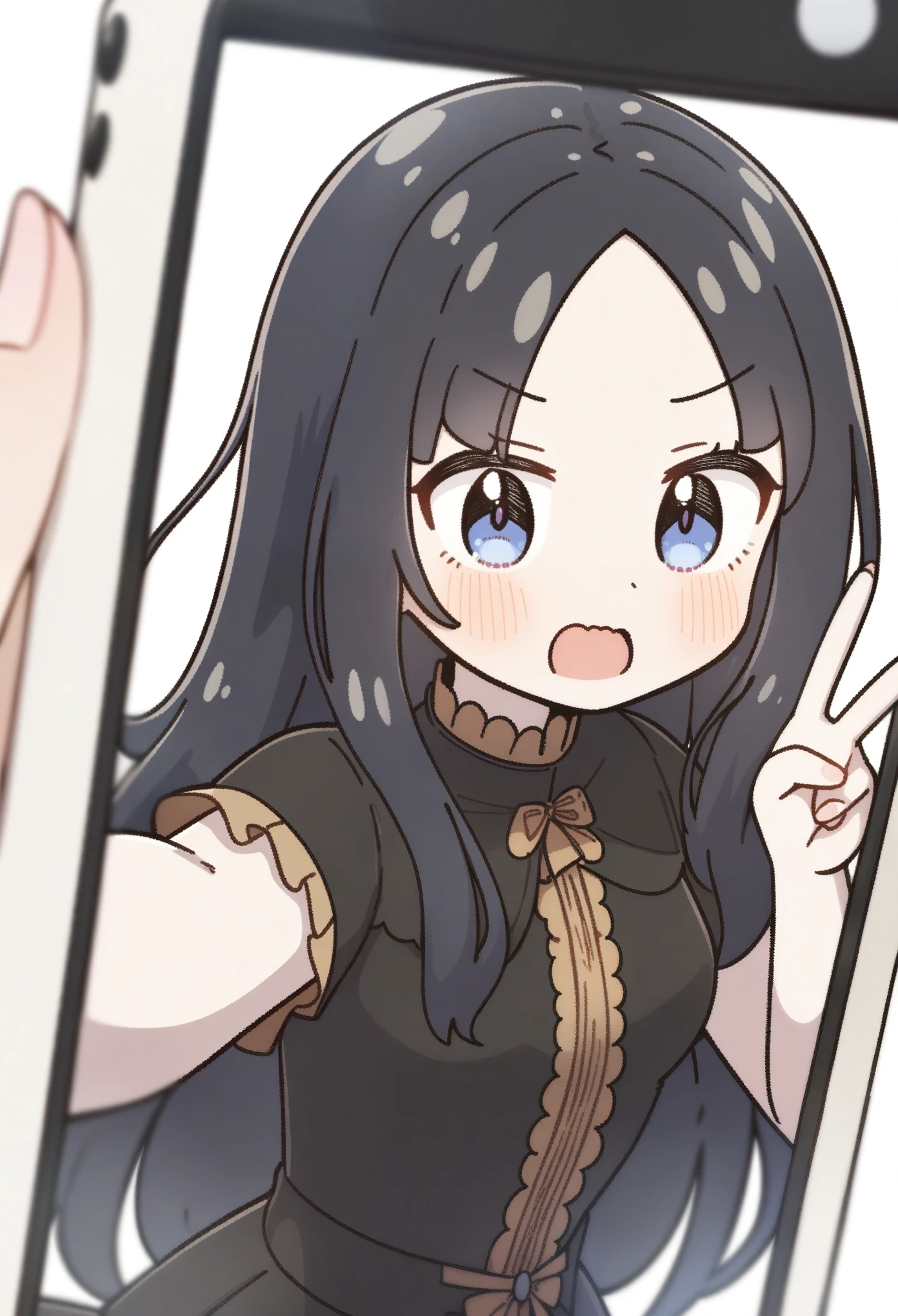 masterpiece, selfie, zoom out, peace sign, (by kurororo_rororo:1.3), 1girl, masterpiece, best quality, very aesthetic, absurdres, ultra-detailed, rating_general, upper body, score_9, score_8_up, score_7_up, front, black hair, long hair, (parted bangs), dark blue eyes, innexpressive, pale skin, small breasts, upper body, victorian fashion, black dress, frilled dress, short sleeves, peace sign, delicate hand, white background background, best quality