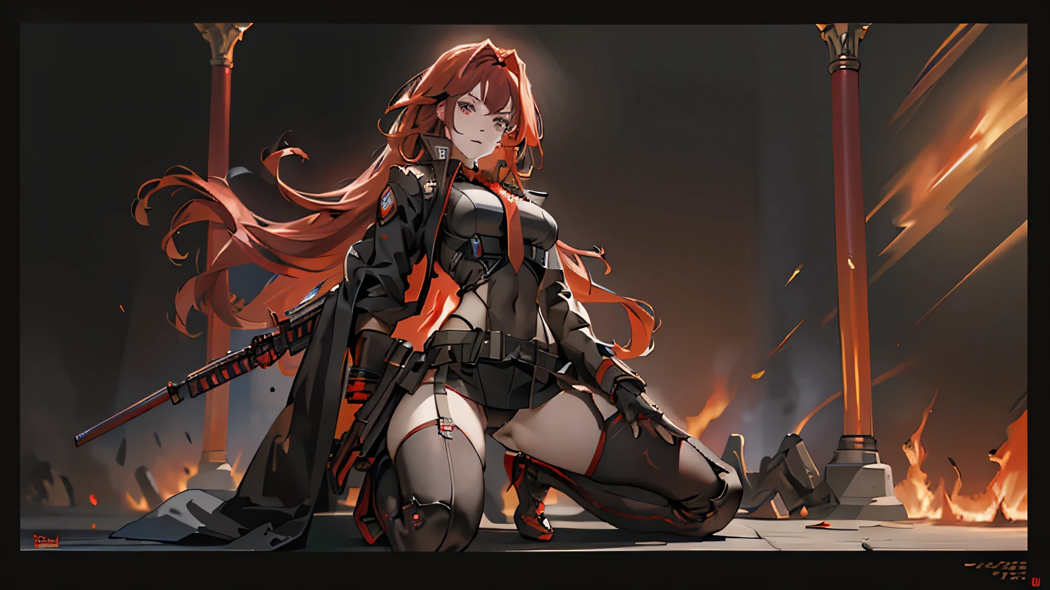 ((Best quality)), ((masterpiece)), (detailed:1.4), 3D, an image of a beautiful cyberpunk female, long burning red hair, burning hair, light brown eyes, red Barret, Black Soldier Shirt, Black under cloth, black panty, Grenade belt, Big chest, Big thigh, High thigh black knee sock, full view of girl, battlefield background, black combat boot, red necktie, black glove, black combat suit, black jacket, black cloak, black panty, ammo belt, HDR (High Dynamic Range),Ray Tracing,NVIDIA RTX,Super-Resolution,Unreal 5,Subsurface scattering,PBR Texturing,Post-processing,Anisotropic Filtering,Depth-of-field,Maximum clarity and sharpness,Multi-layered textures,Albedo and Specular maps,Surface shading,Accurate simulation of light-material interaction,Perfect proportions,Octane Render,Two-tone lighting,Wide aperture,Low ISO,White balance,Rule of thirds,8K RAW,