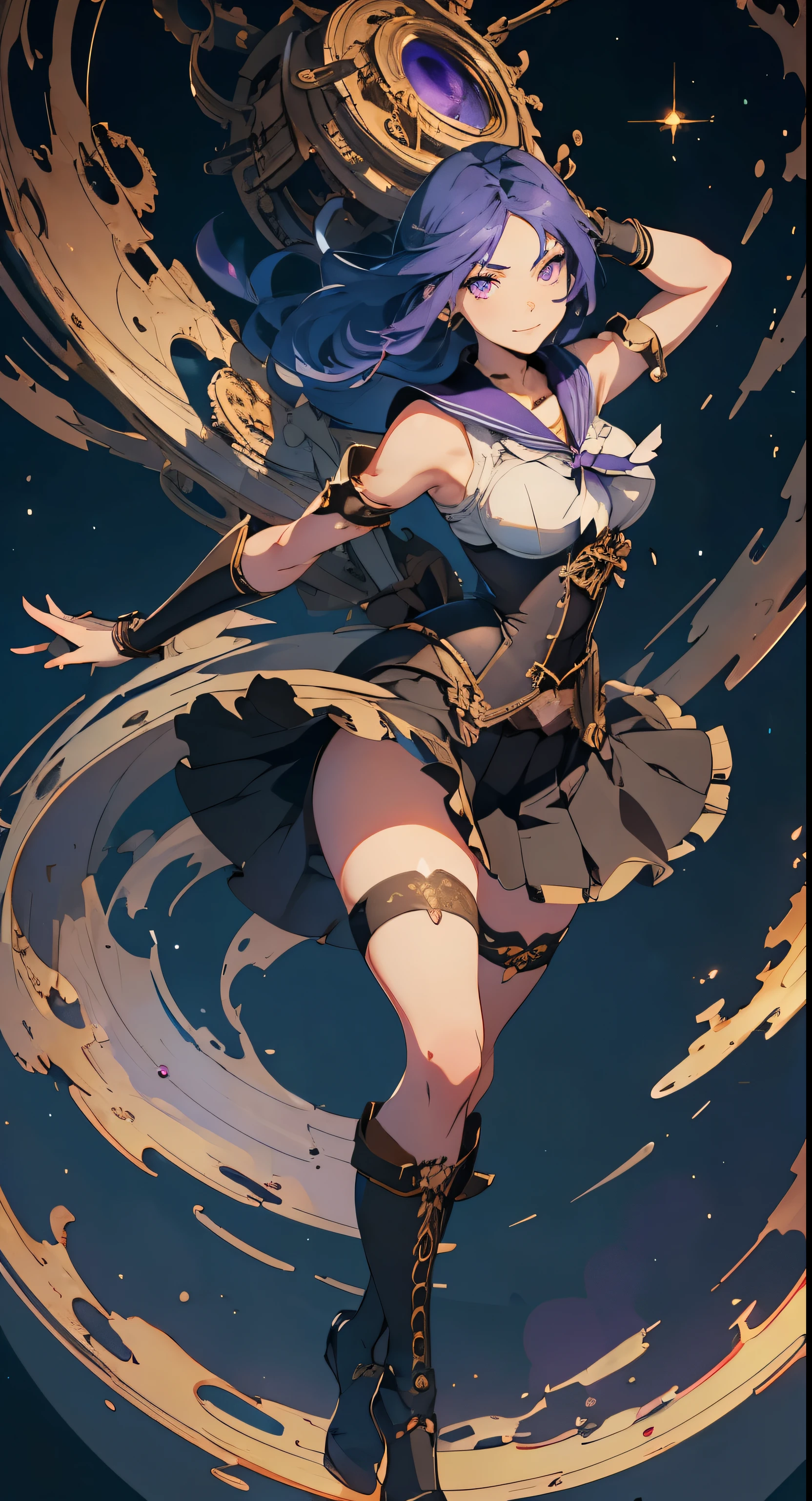masterpiece, high quality, illustration, extremely detailed, standing, 1_women, (full body), ((floating in the air)), (bright blue hair), medium length hair, cute bangs, flowing hair, (exotic skin_complexion:1.4),mature, tall, ((smirking)), (smirk), beautiful, exotic, elegant, slim, (((sailor collar))), black thigh highs, choker, medium bust, (brown steampunk corset), black ta style skirt, ((skirt blowing up)), knee high heels with laces, (sleeveless), (purple fingerless_gloves), making a fist, diamond shaped eyes, (((purple eyes))), dark_eyeliner, long_eyelashes), natural dynamic lighting, steampunk, in space, ultra-detailed, Multi-layered textures, Albedo and Specular maps, Surface shading, Maximum clarity and sharpness.