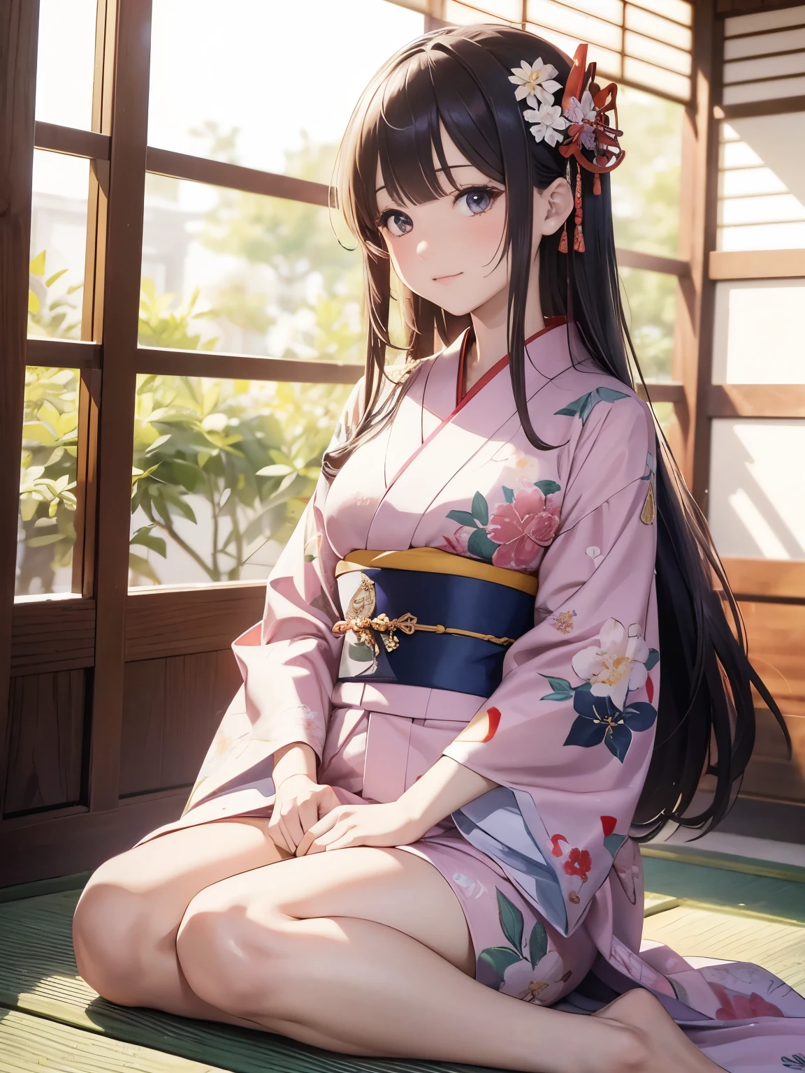 (8k、highest quality、masterpiece:1.2)、(Intricate details:1.4), Anime girl sitting on the ground with flowers in her hair, sakimi chan, in kimono, In kimono, yukata, Anime Moe Art Style, classy yukata, Smooth anime CG art, Japanese Kimono, wear Kimono, Official artwork, 皇室のwear Kimono, wearing a simple robe, sakimichan, wear Kimono, red kimono, spread pussy
