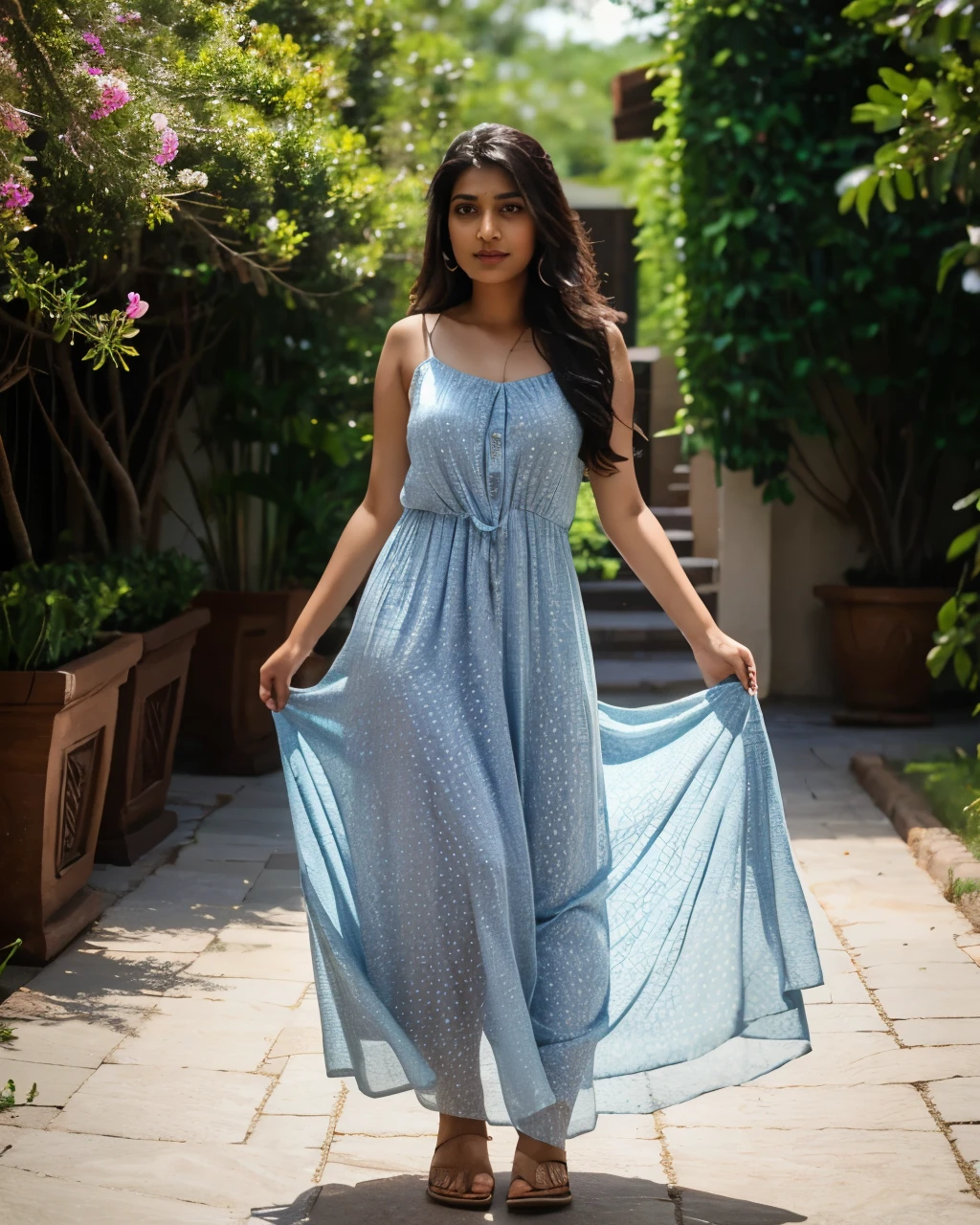Tanvi in a flowy maxi dress. Realistic, best quality image.