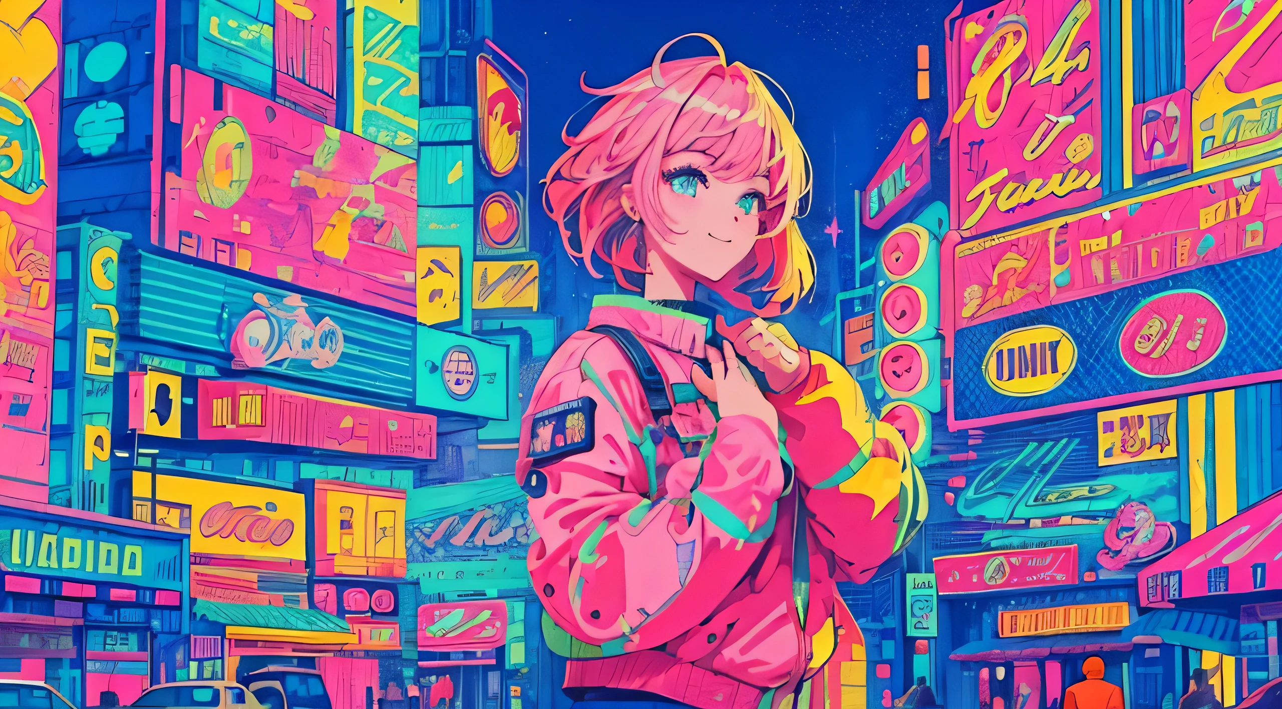 best quality, 4K wallpaper, masterpiece, extremely detailed CG unity 8k wallpaper, extremely detailed eyes, ultra-detailed, intricate details, 1 happy girl in center, retro art style, neon_pop art style,  public, outdoors, road sign, city, people,pink hair