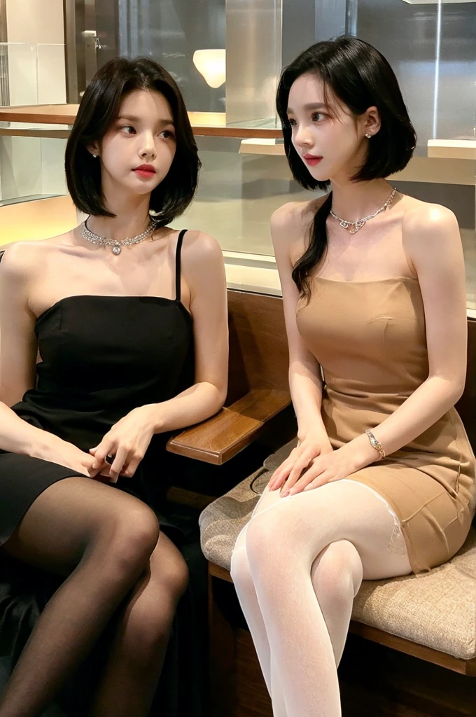 1 woman and 1 man, couple, Short shoulder-length hair, C cup breasts, forehead, black hair, One Piece Soji, see-through dress, brown eyes, jewelry store, seat, face to face conversation, pantyhose, women's jewelry, 벌어진 Lips, sleeveless wo남자들'cloth, inside, medium hair, Lips, 스킨 컬러 pantyhose, sleeveless dress, cafe, table, wristwatch worn by a man, men pants, wild youth