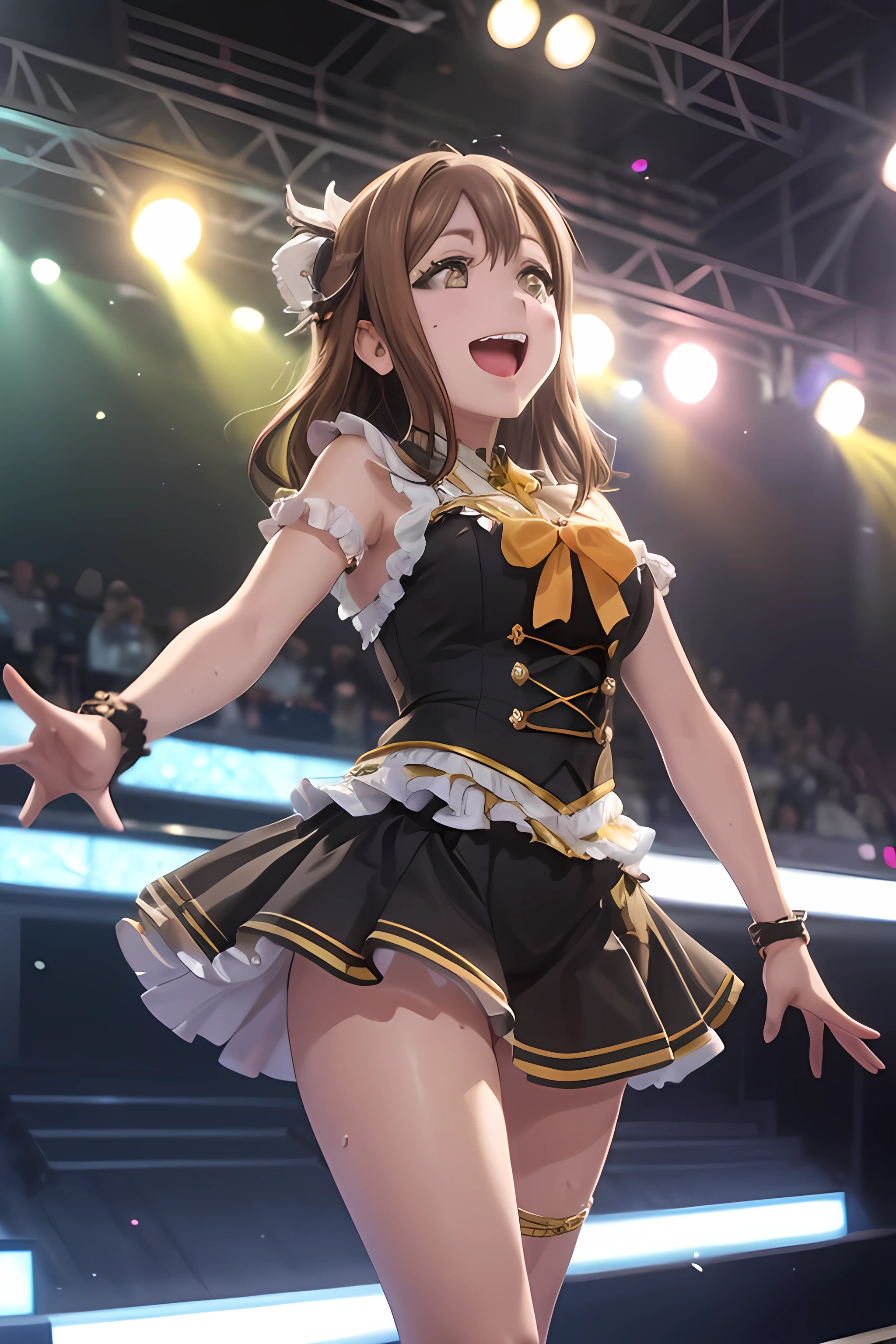 (masterpiece, best quality),
1girl, singing, dancing,
BREAK girl, hanamaru kunikida, smile, open mouth, sweat,
BREAK idol costume, 
BREAK idol stage, spot light
