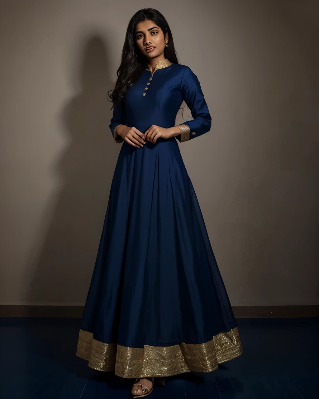 Tanvi in a navy blue floor-length Anarkali suit. Realistic, best quality image. 