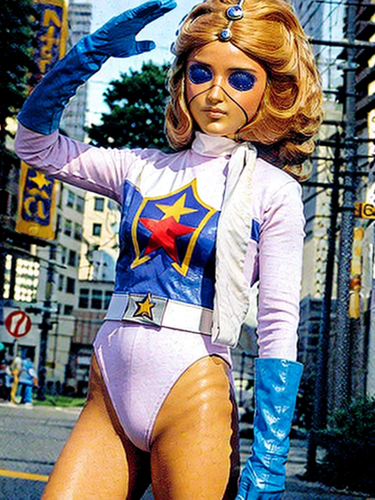 (masterpiece, best quality:1.2), 1girl, solo, missamerica, battle feve j, power ranger, cowboy shot, standing, street(background), posing,