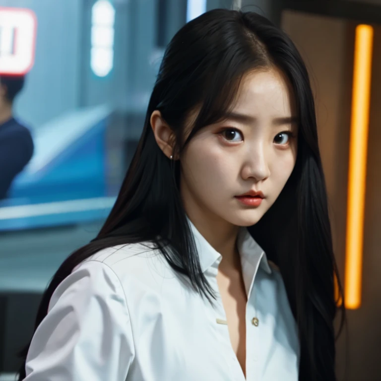 arafed woman with long black hair and a white shirt, she has a distant expression, iu lee ji-eun as a super villain, but a stern look about her, she has a cute expressive face, young wan angel, girl next door innocent look, high drama, sideways glance, kwak ji young, movie screencap, handsome girl, innocent look, brilliant, 1girl, solo