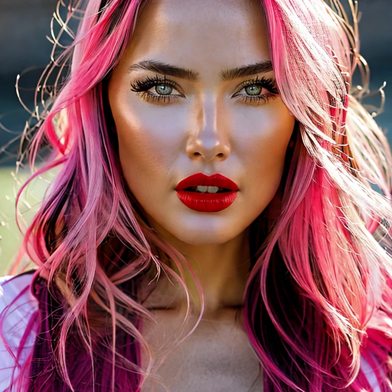 (8k, original photo:1.2)Detailed face and eyes,best quality, Ultra-high resolution, Very detailed ,Intricate details ,cute girl , Soft movie lighting, 1girl, solo, long pink hair featuring black highlights and hazel eyes accentuated with red lipstick, very sexy woman, 21 years old, Nikon Z9, bokeh