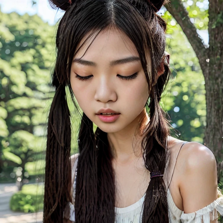 (masterpiece, best quality:1.2), 1girl, solo, A very realistic 18 year old Japanese woman with petite body, nubile body, long black hair with fringe and two loose adult pigtails, sweet and angelic face, thin and upturned nose, highly detailed light brown eyes, long eyelashes, highly detailed lips, thin beautiful lips, Jennie Kim, perfect lips, perfect mouth
