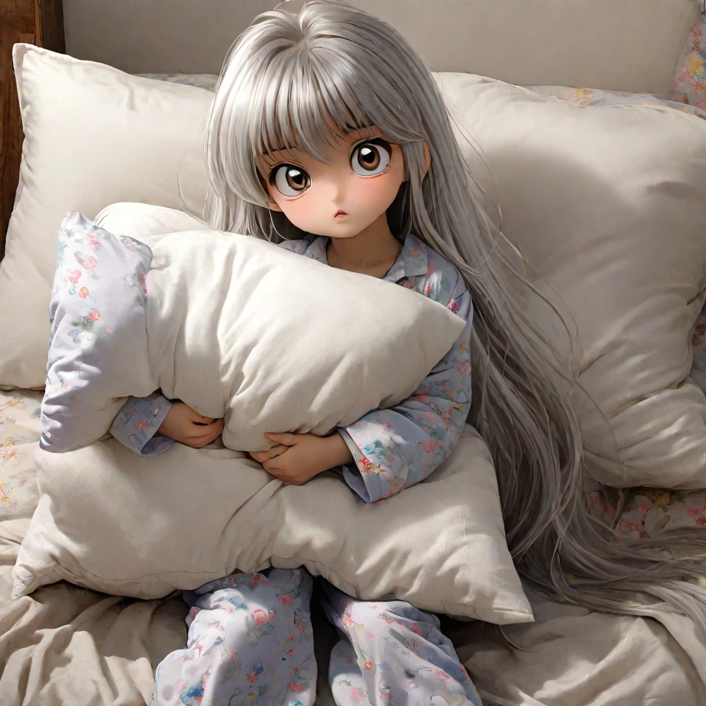 (masterpiece, best quality:1.2), 1girl, solo，long silver hair,large eyes,alone, girl in pajamas,holding a pillow,standing